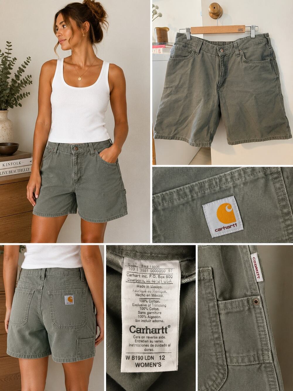 Carhartt Canvas Carpenter Shorts Sage Green Women's 12 USA Workwear ✨